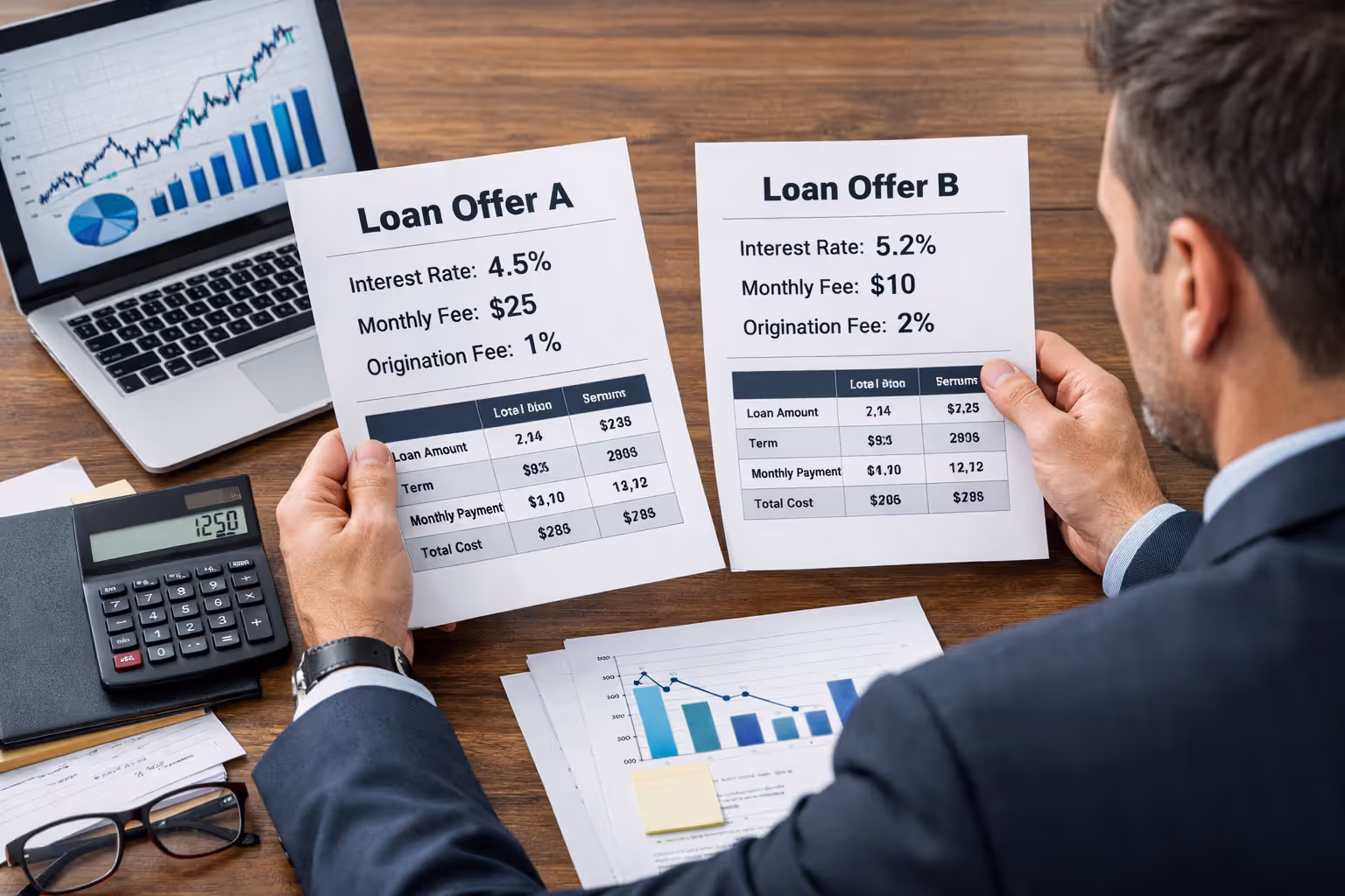 Entrepreneur comparing two business loan offers with financial documents