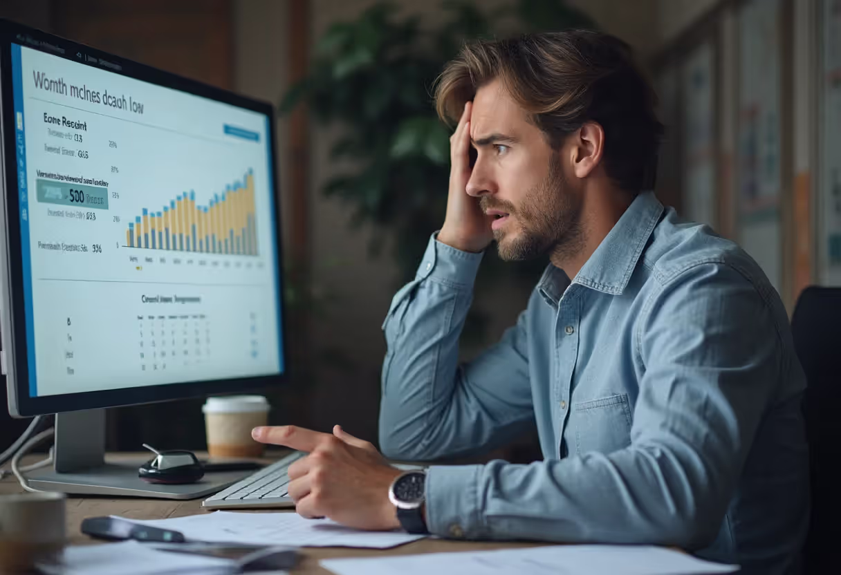 Small business owner analyzing loan payments and cash flow pressure