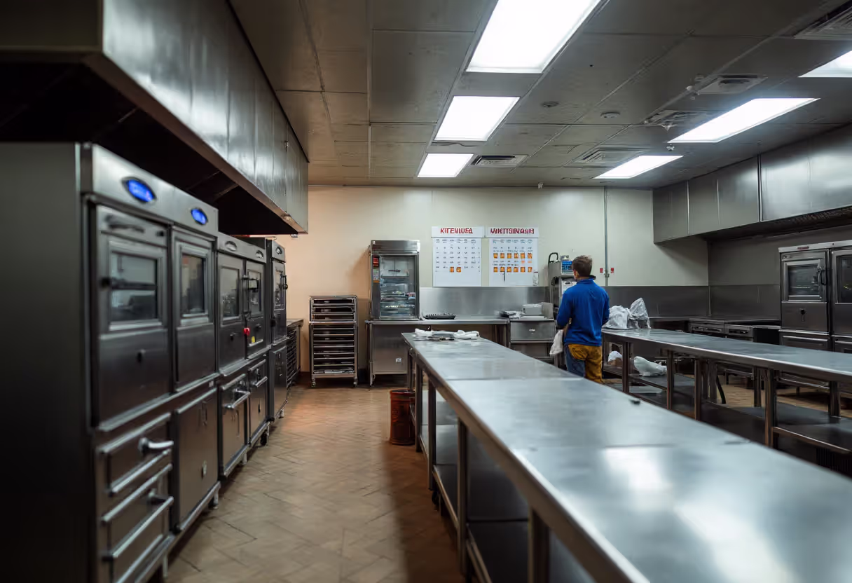 Restored commercial kitchen with replacement equipment after disaster