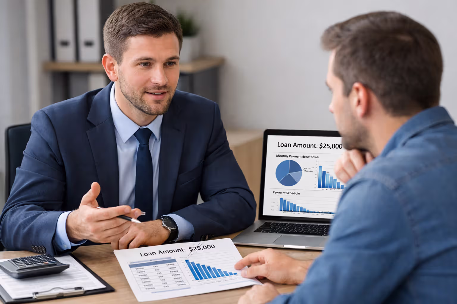 Bank customer discussing loan terms with a financial advisor