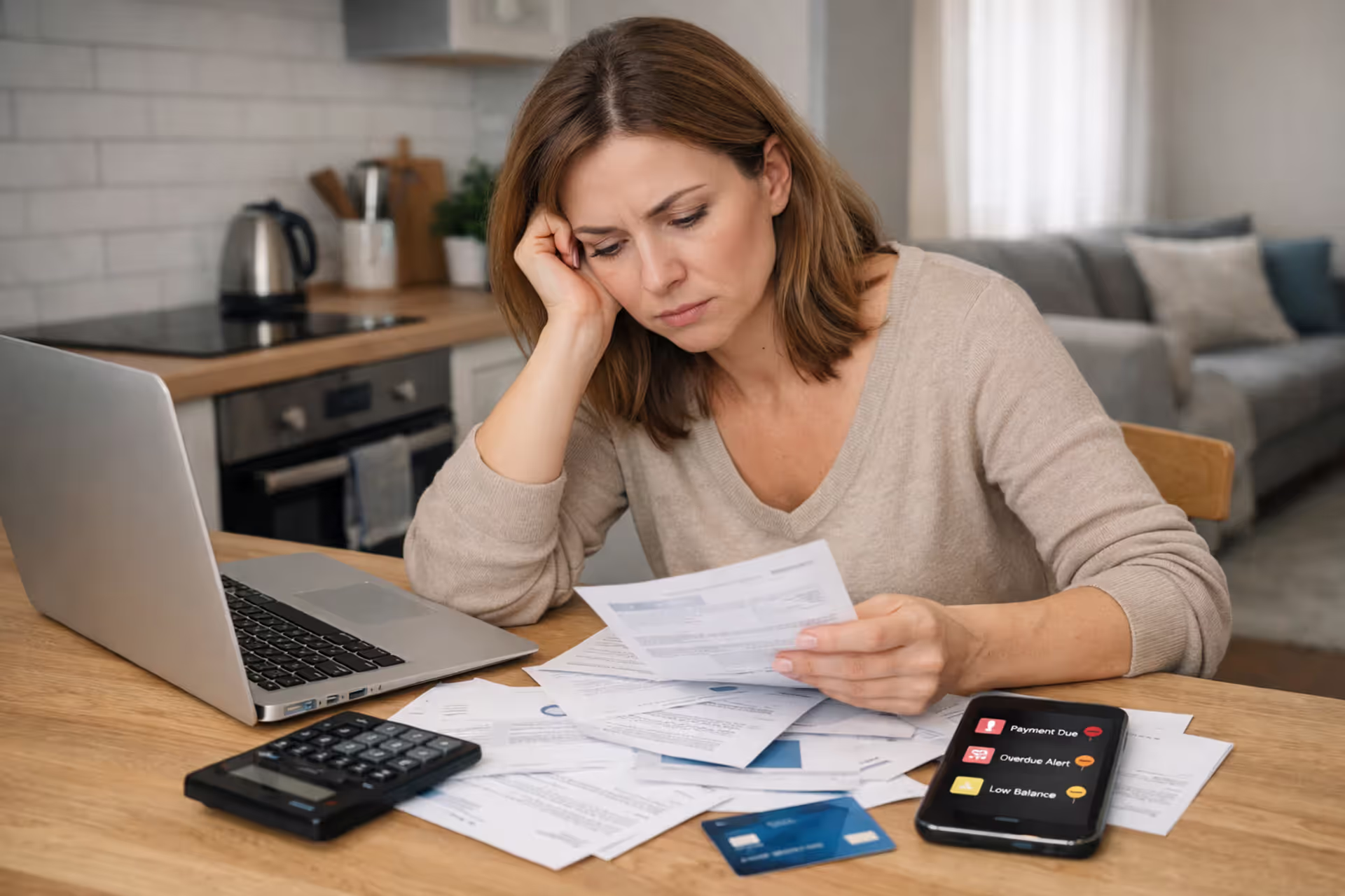 Woman at kitchen table reviewing bills, payment reminders, and debt documents