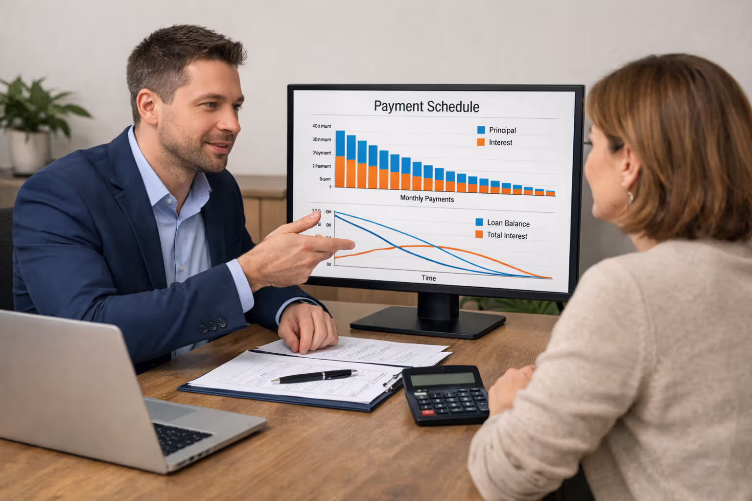 Bank advisor explaining loan terms to customer in office