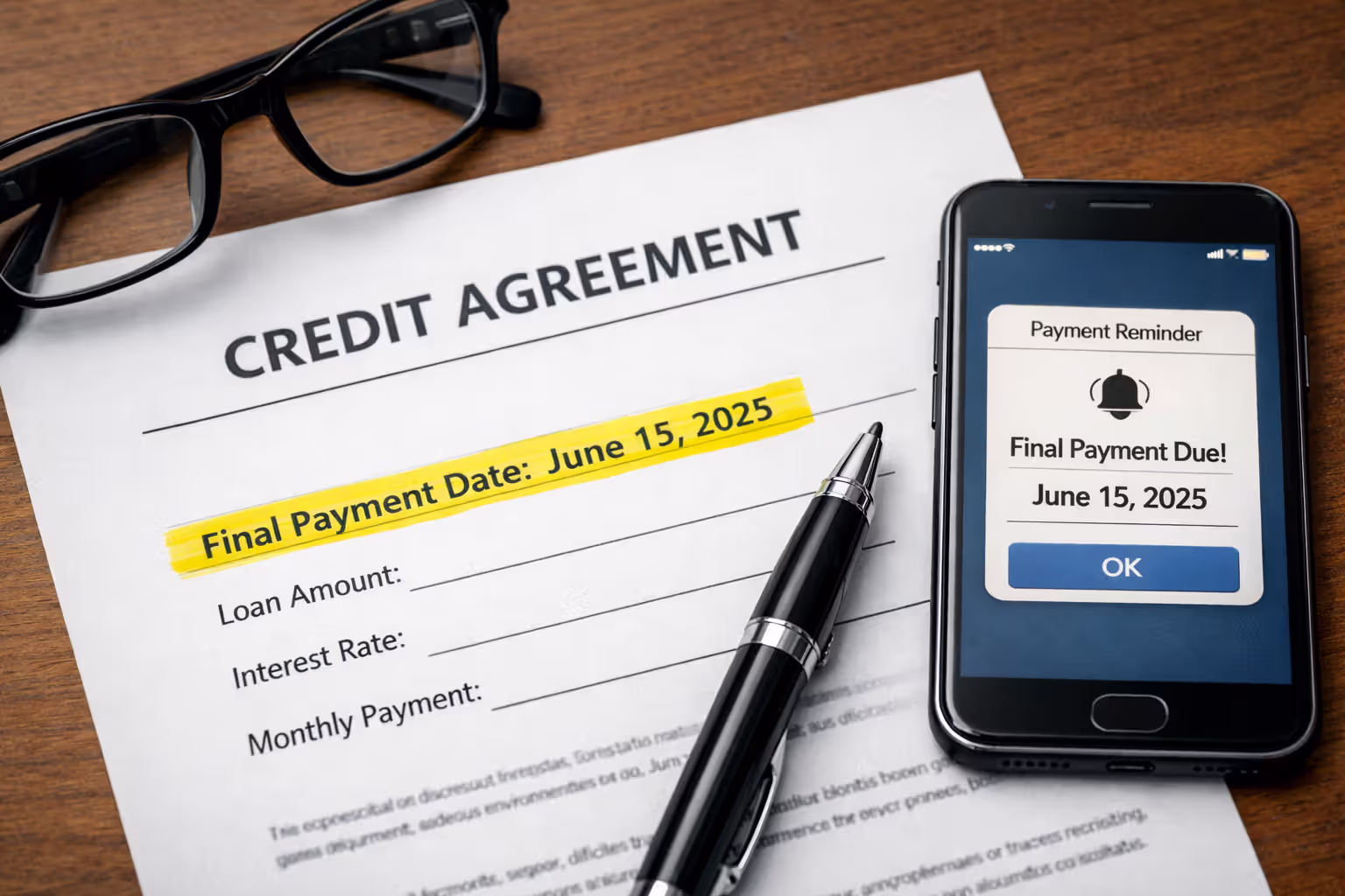 Close-up of loan contract showing final payment date