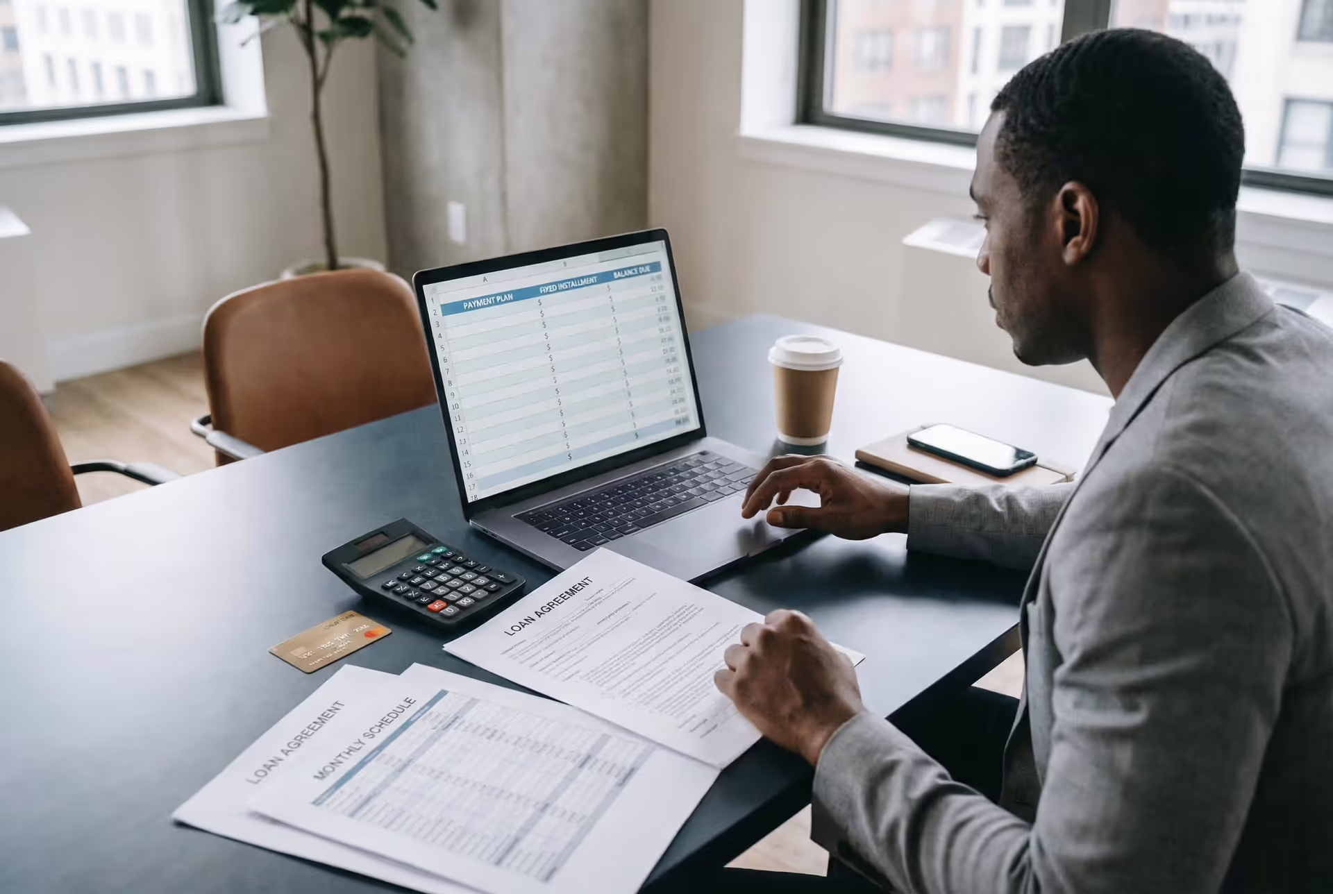 Person reviewing installment loan documents at a desk with laptop and calculator
