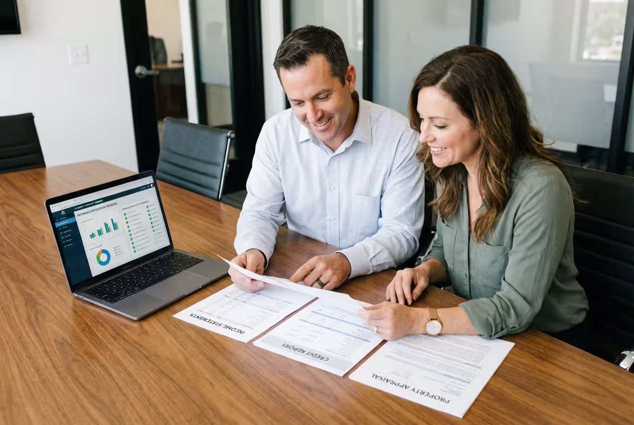 Borrower reviewing refinance application documents with loan advisor