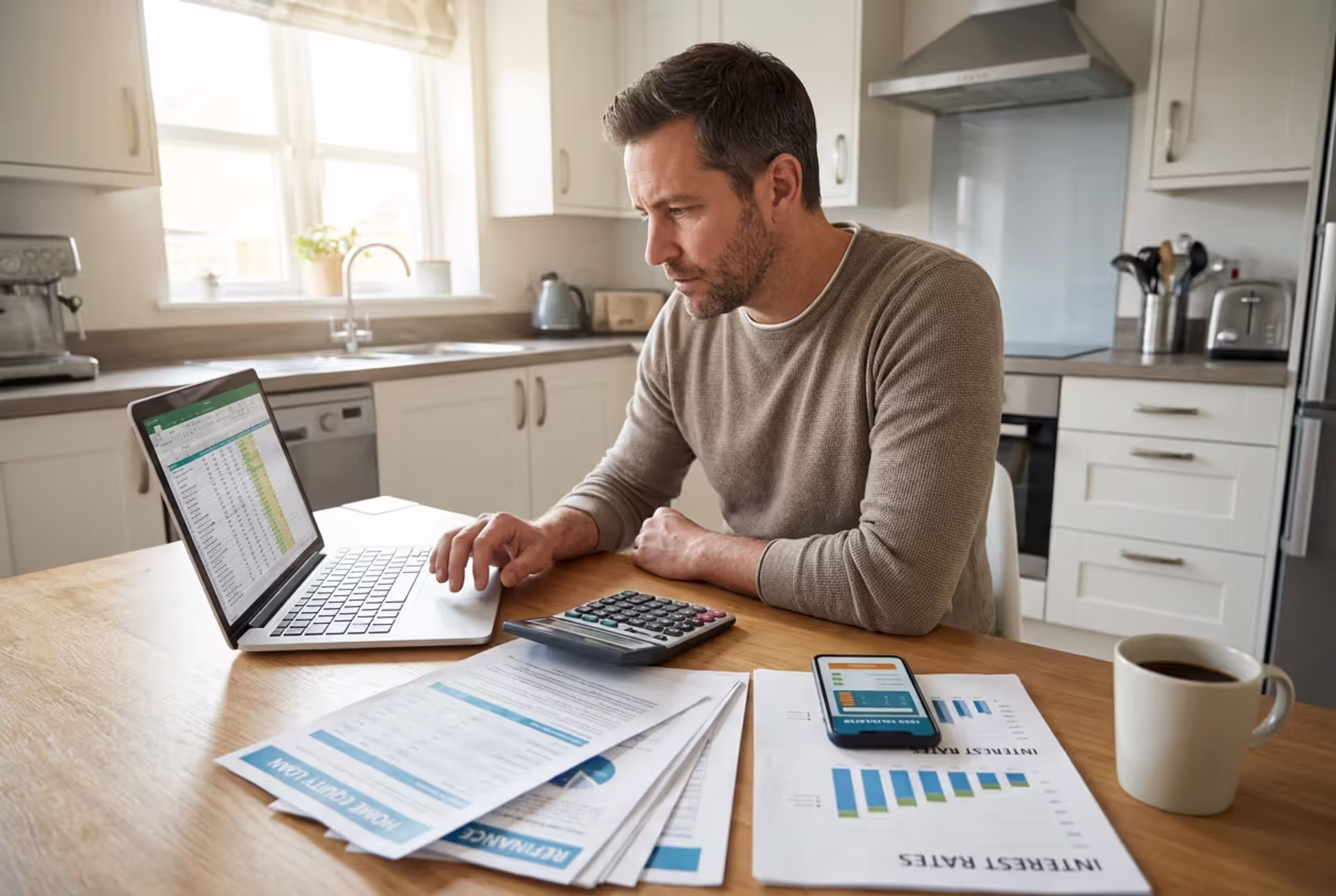 Homeowner reviewing home equity loan refinance options at kitchen table