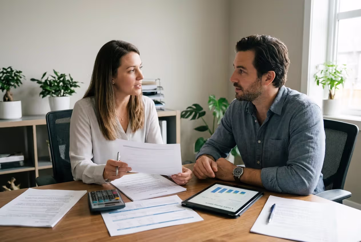 Mortgage advisor explaining loan options to a homebuyer in an office
