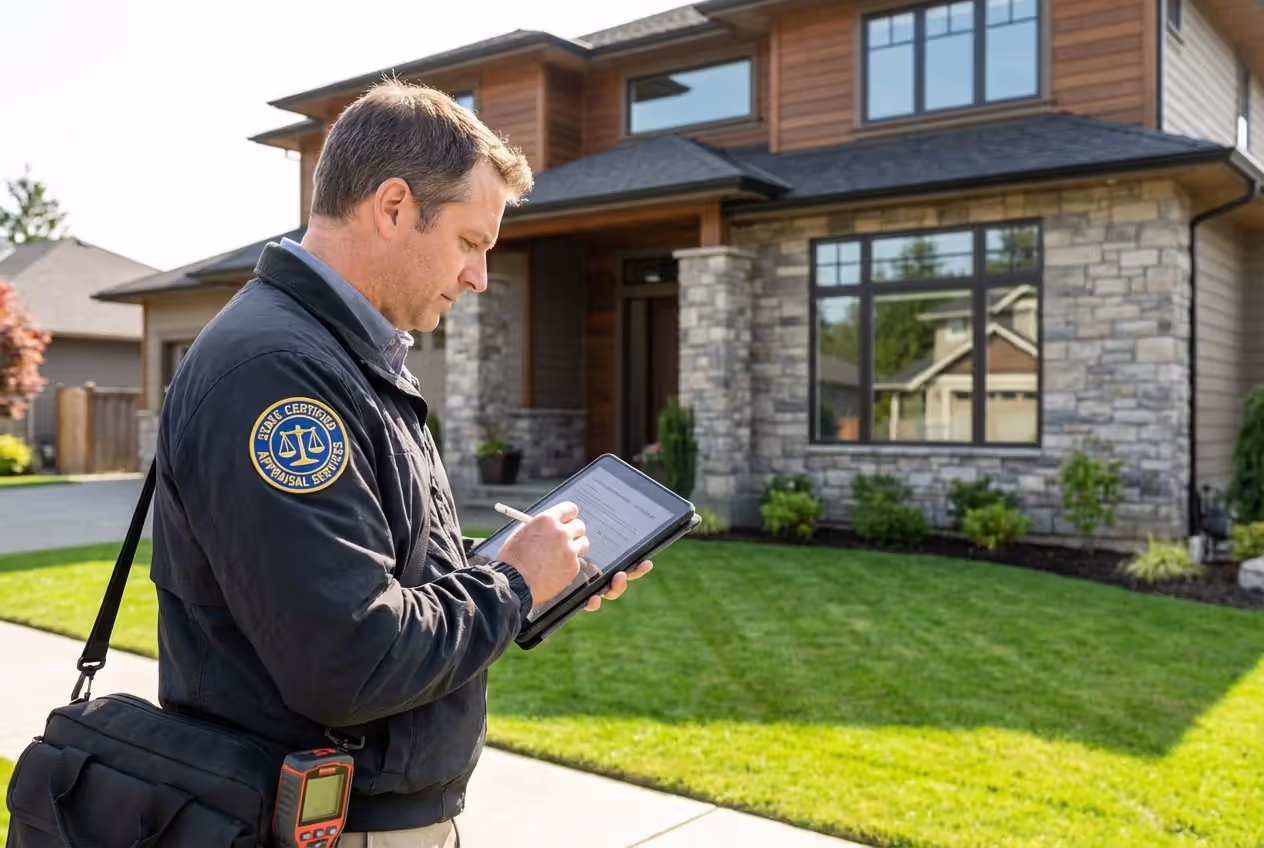 Home appraiser inspecting a single-family house exterior