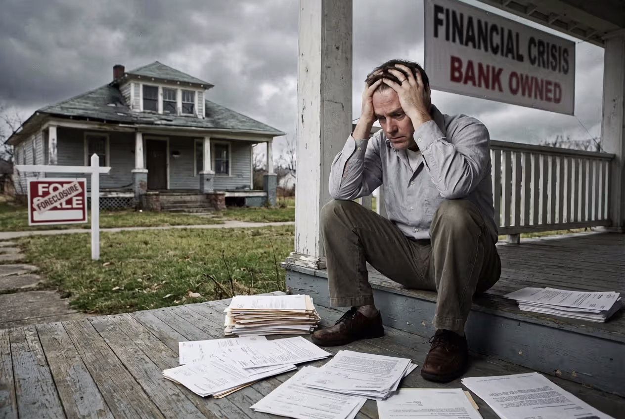 Concerned homeowner reviewing bills with house in background before foreclosure risk
