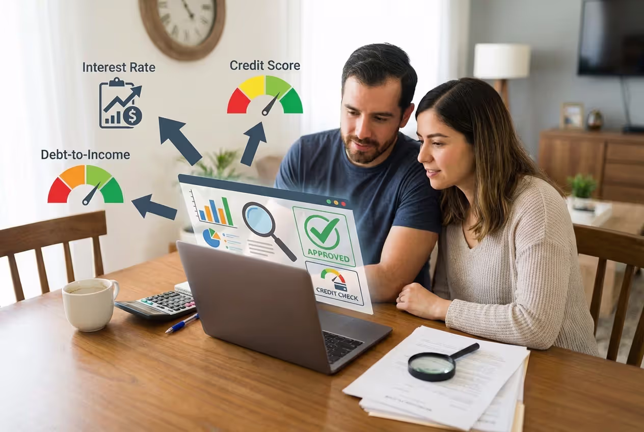 Couple reviewing mortgage requirements at a table with laptop and documents