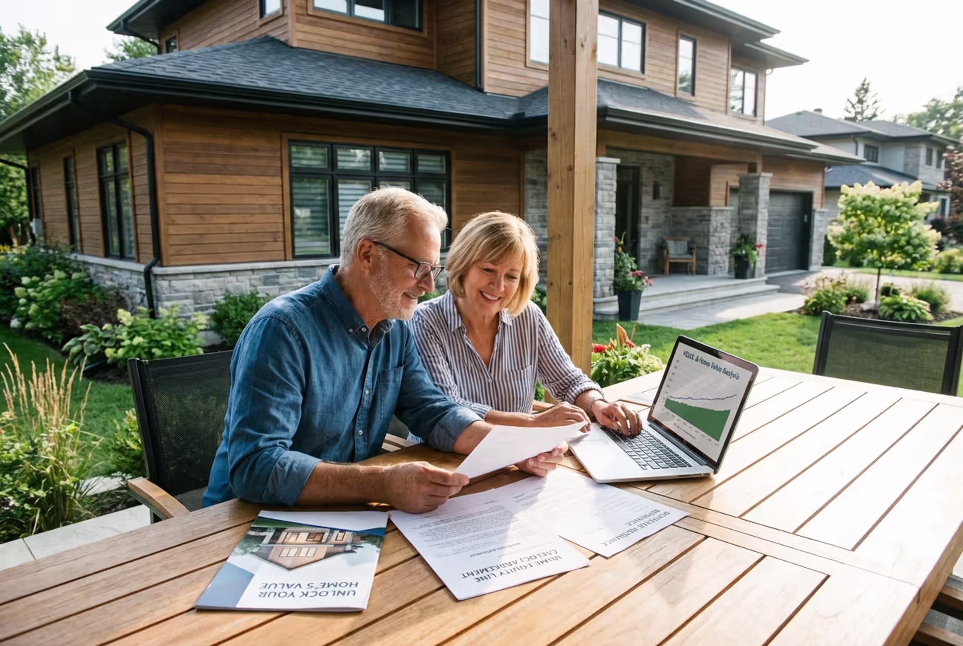 Homeowners reviewing home equity financing documents in front of their house