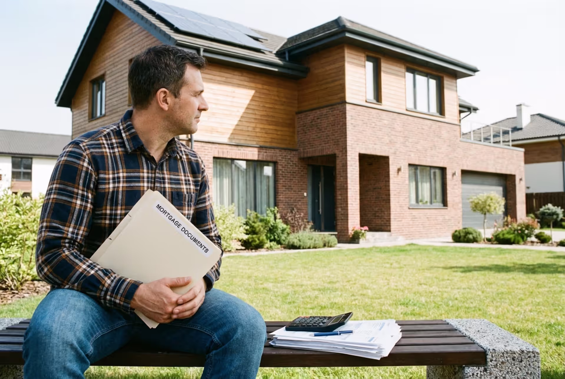 Homeowner reviewing home equity financing in front of a suburban house