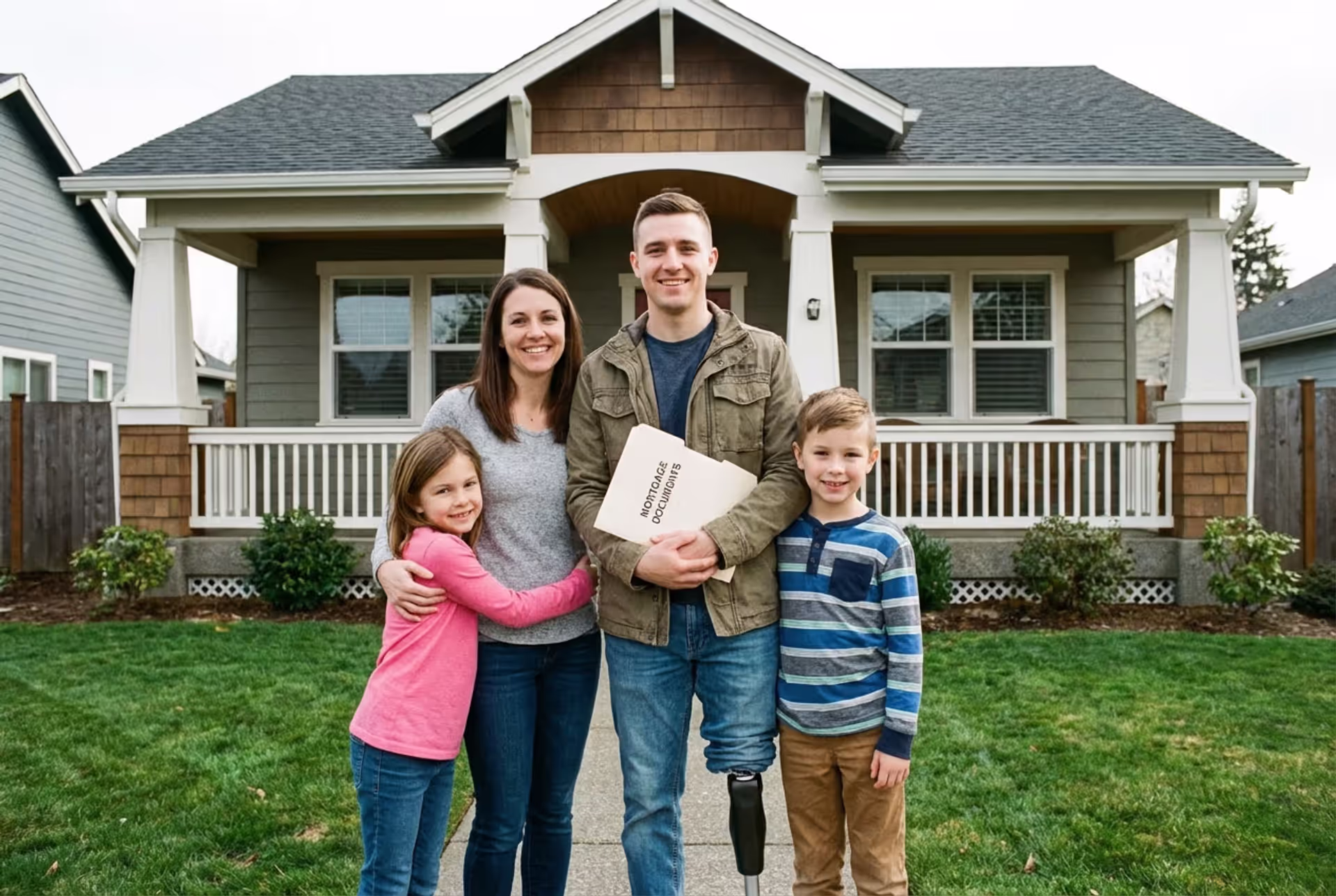 Veteran and family standing in front of a newly purchased home