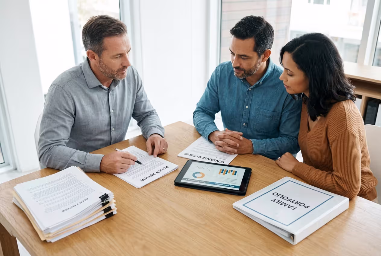Financial advisor reviewing insurance policies with a couple