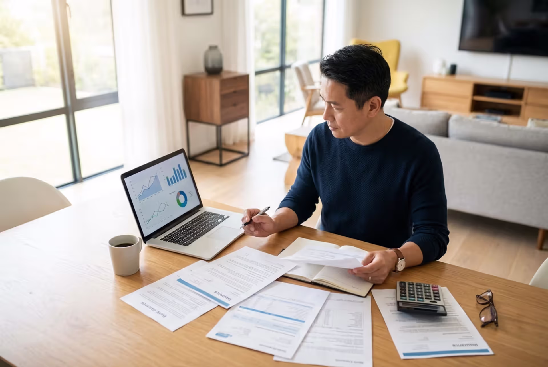 Person reviewing insurance and household finances at a desk
