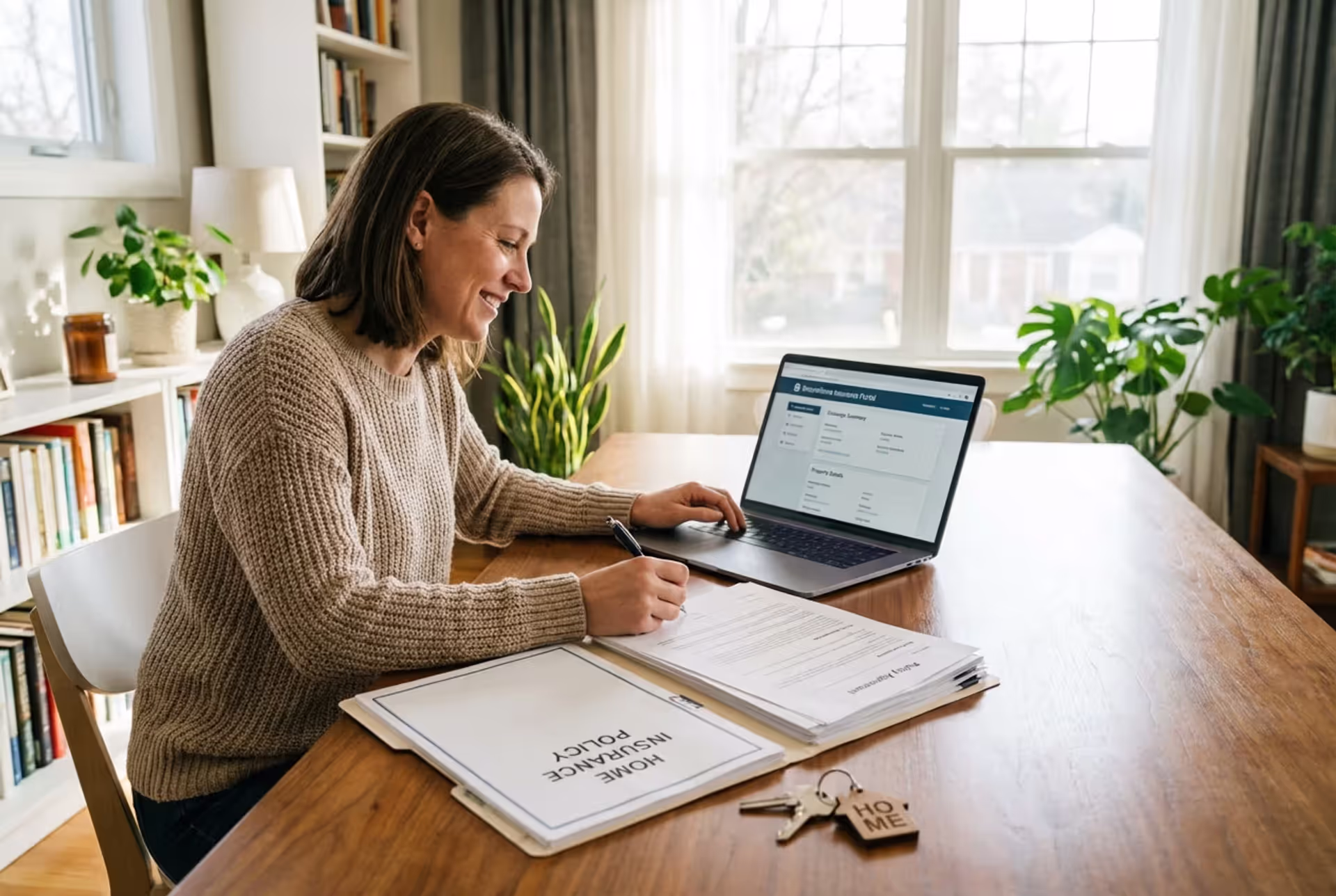 Homeowner reviewing insurance documents with house keys on a desk