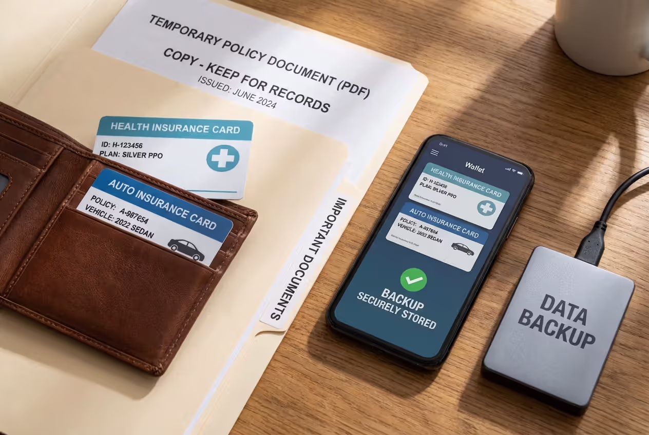 Physical and digital insurance card backups on a desk