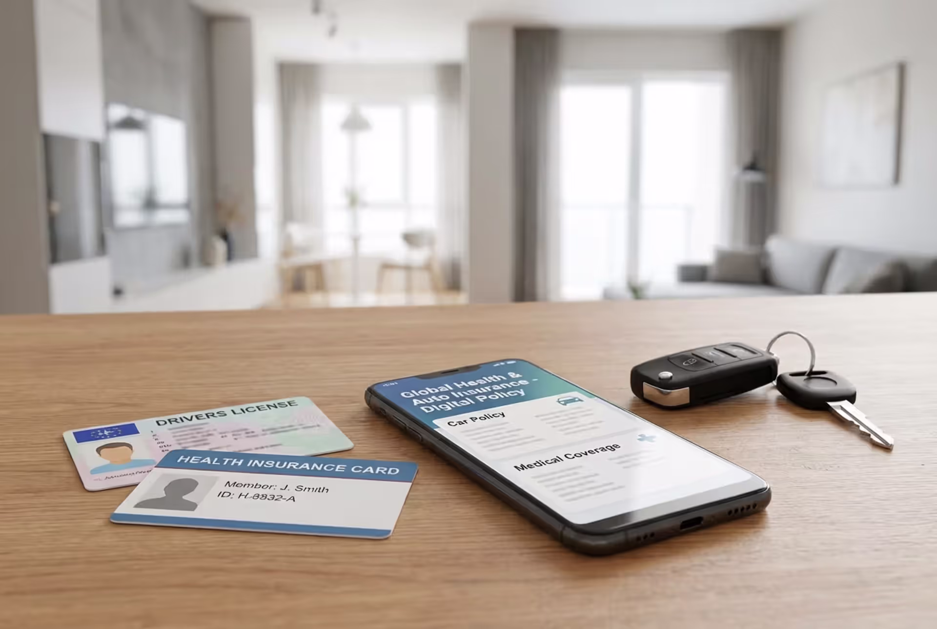Insurance card, driver's license, car keys, and digital insurance card on smartphone