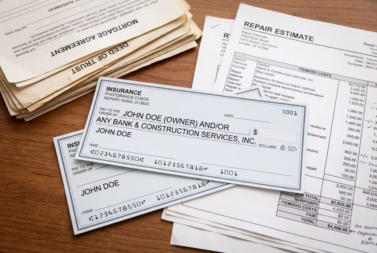 Insurance check showing multiple payees with loan and contractor documents