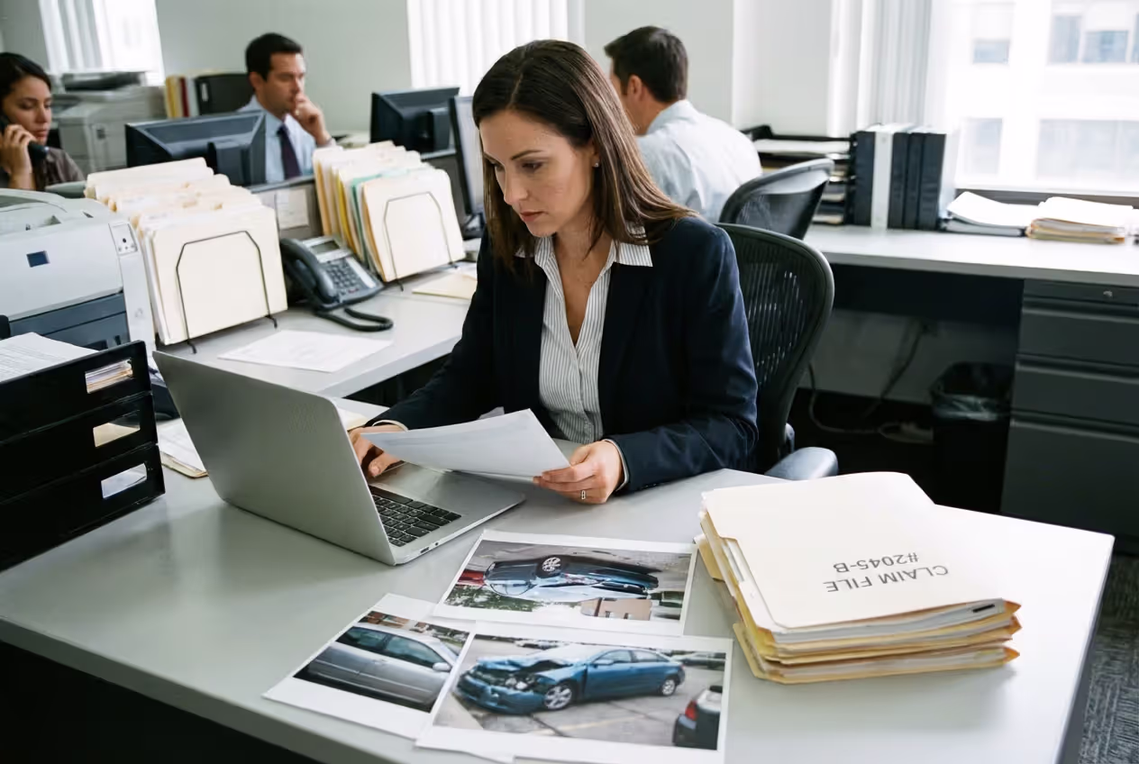 Insurance claims adjuster reviewing accident case