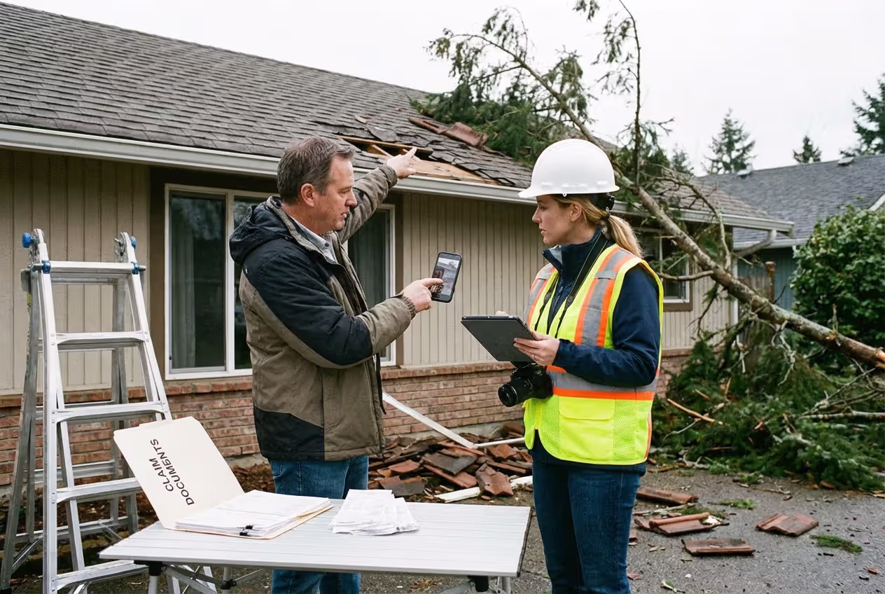 Insurance adjuster inspecting damage while policyholder documents a claim