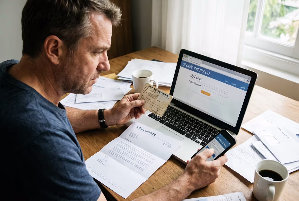 Person searching for an insurance policy number on card, laptop, phone, and documents