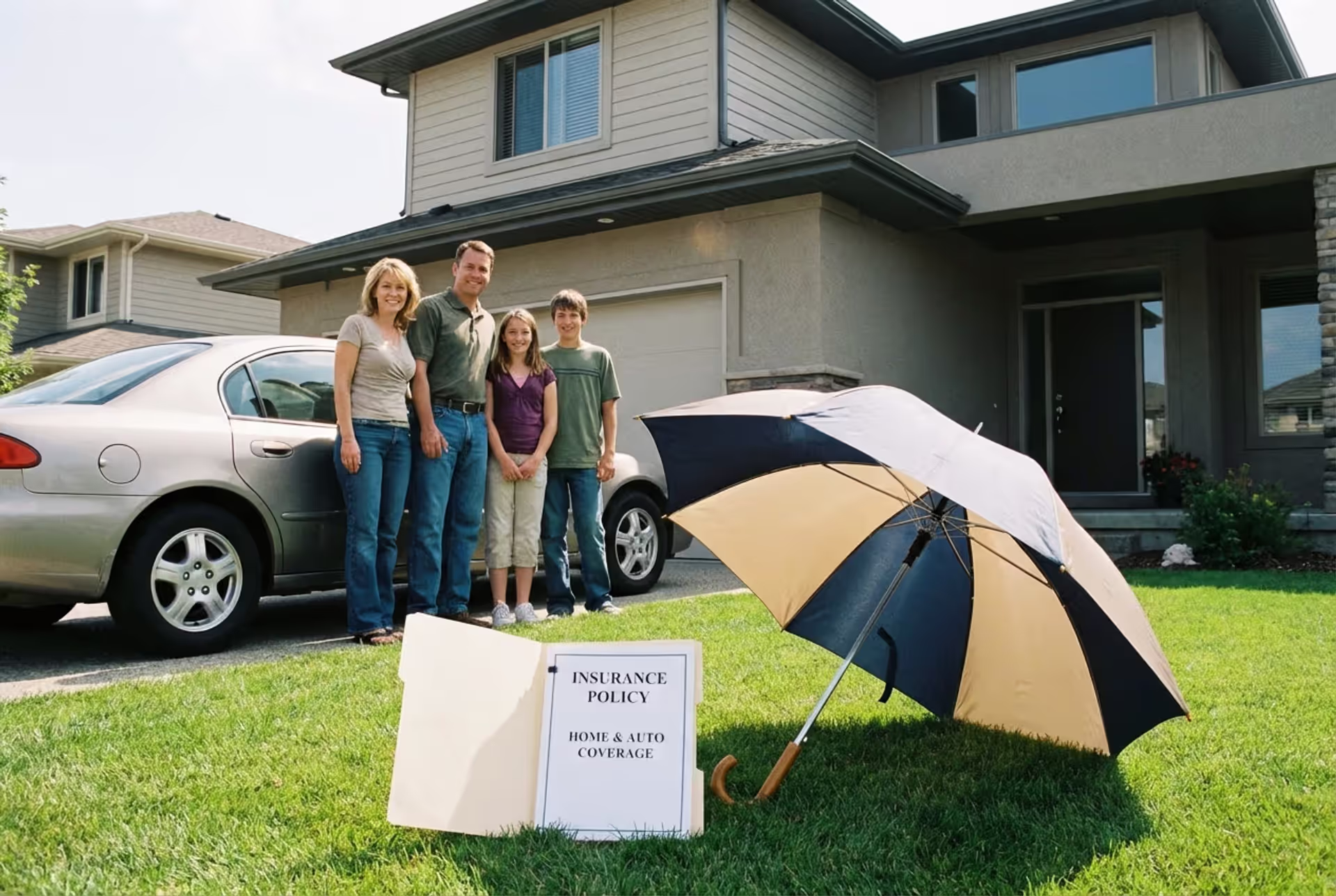 Family standing near home and car with insurance documents and symbolic umbrella