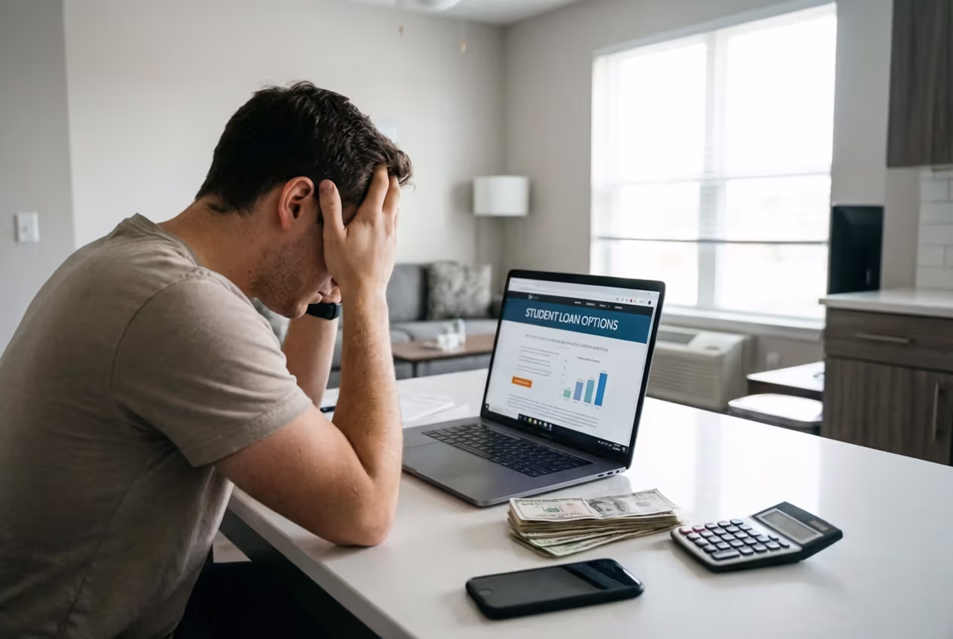 Borrower reviewing student loan payment options at home