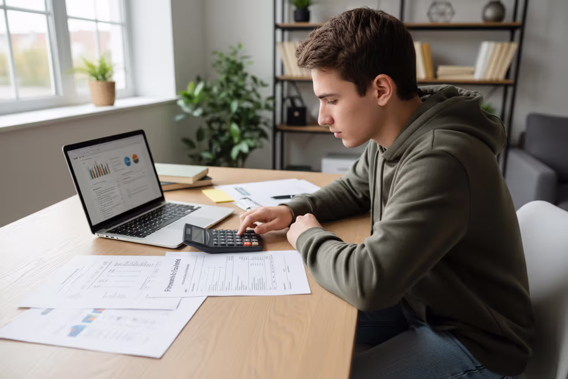 Student reviewing a financial aid award letter at a desk with calculator and documents
