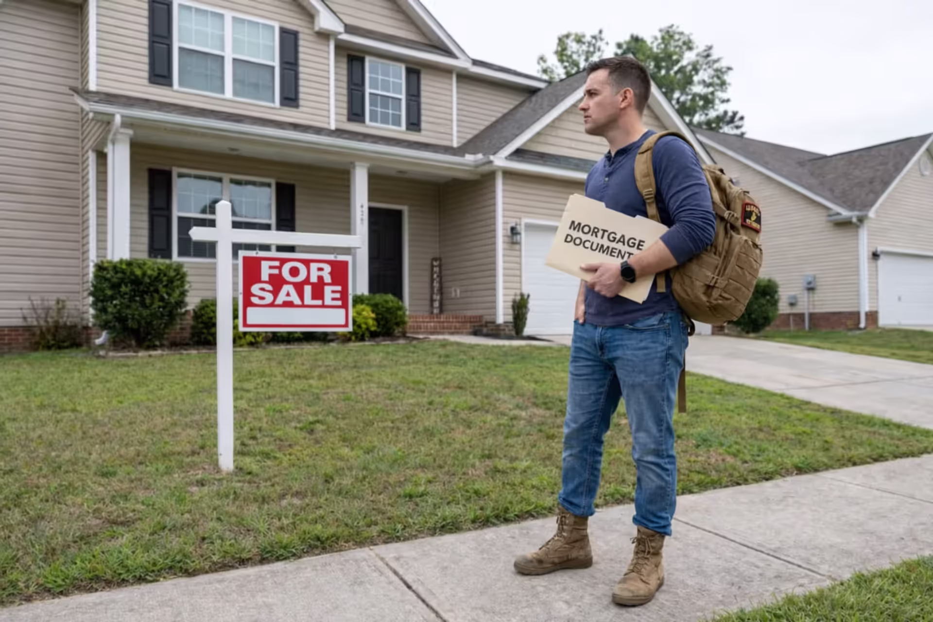Veteran reviewing VA home loan documents in front of a house